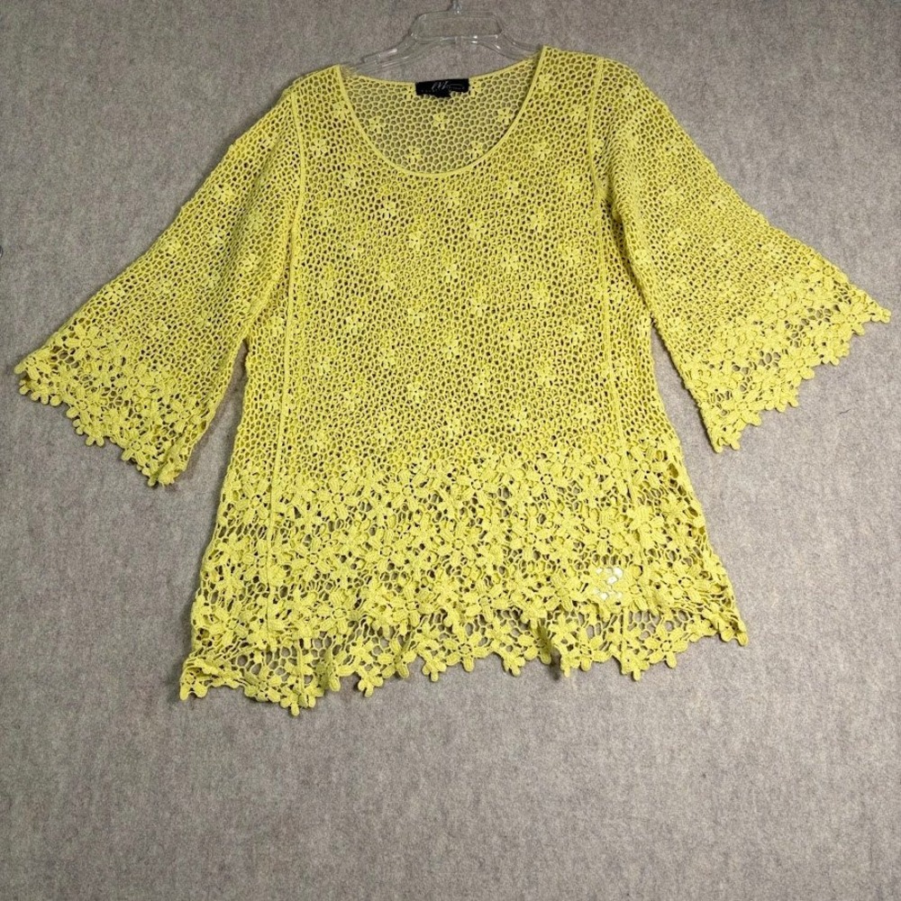Midnight Velvet Crochet Top Women Medium Yellow Cotton Boho Bell Sleeve Festival